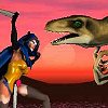 Mantra fighting a dinosaur with her sword