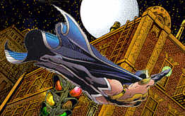 Mantra flying at night toward some buildings