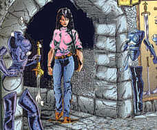 Eden Blake in a castle, surrounded by magical arms and armor